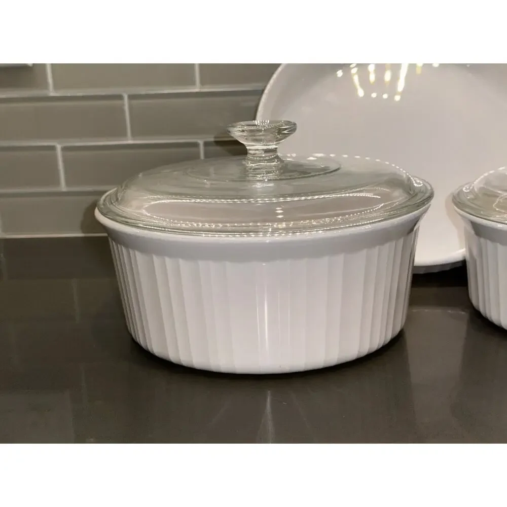 5pc Vintage Corningware French White Round Casserole Set F-5-B, F-1-B, F-3-B